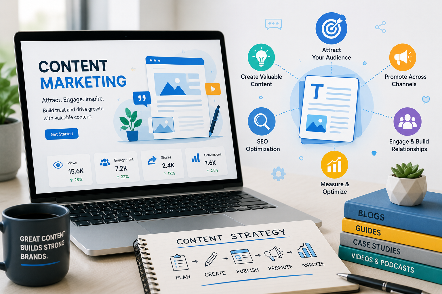 TXPAGES content marketing dashboard showing 15.6K views, 7.2K engagement and content strategy workflow — Plan, Create, Publish, Promote, Analyze for Texas businesses
