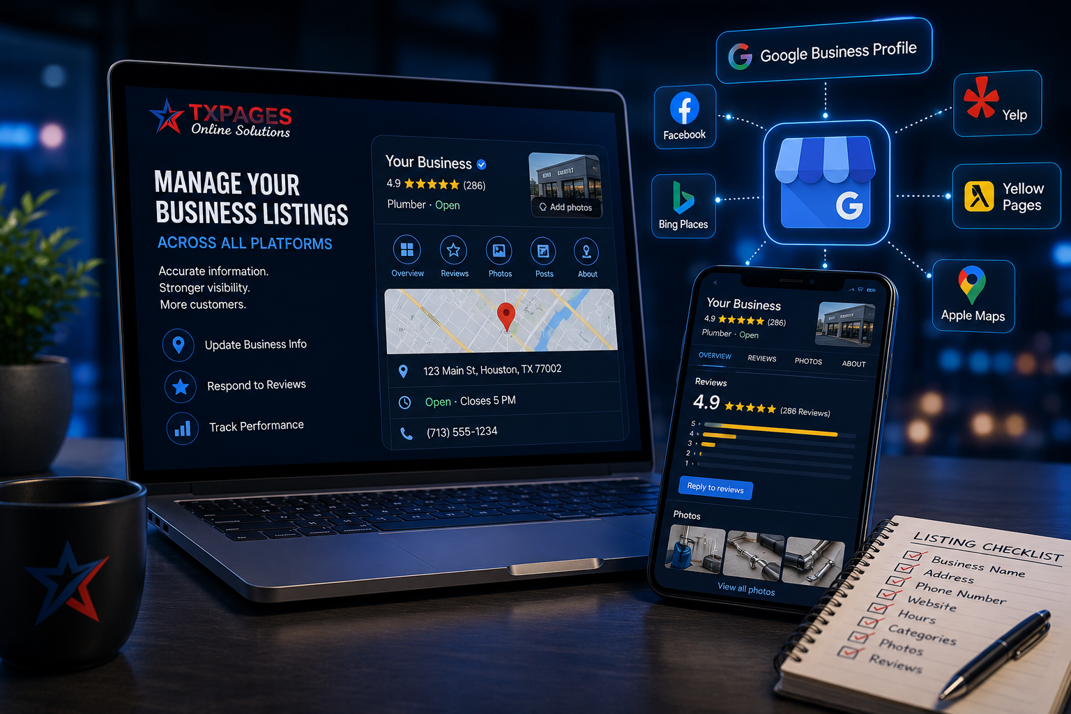 TXPAGES business listings management across Google Business Profile, Facebook, Yelp, Bing Places, Yellow Pages, and Apple Maps for Texas businesses