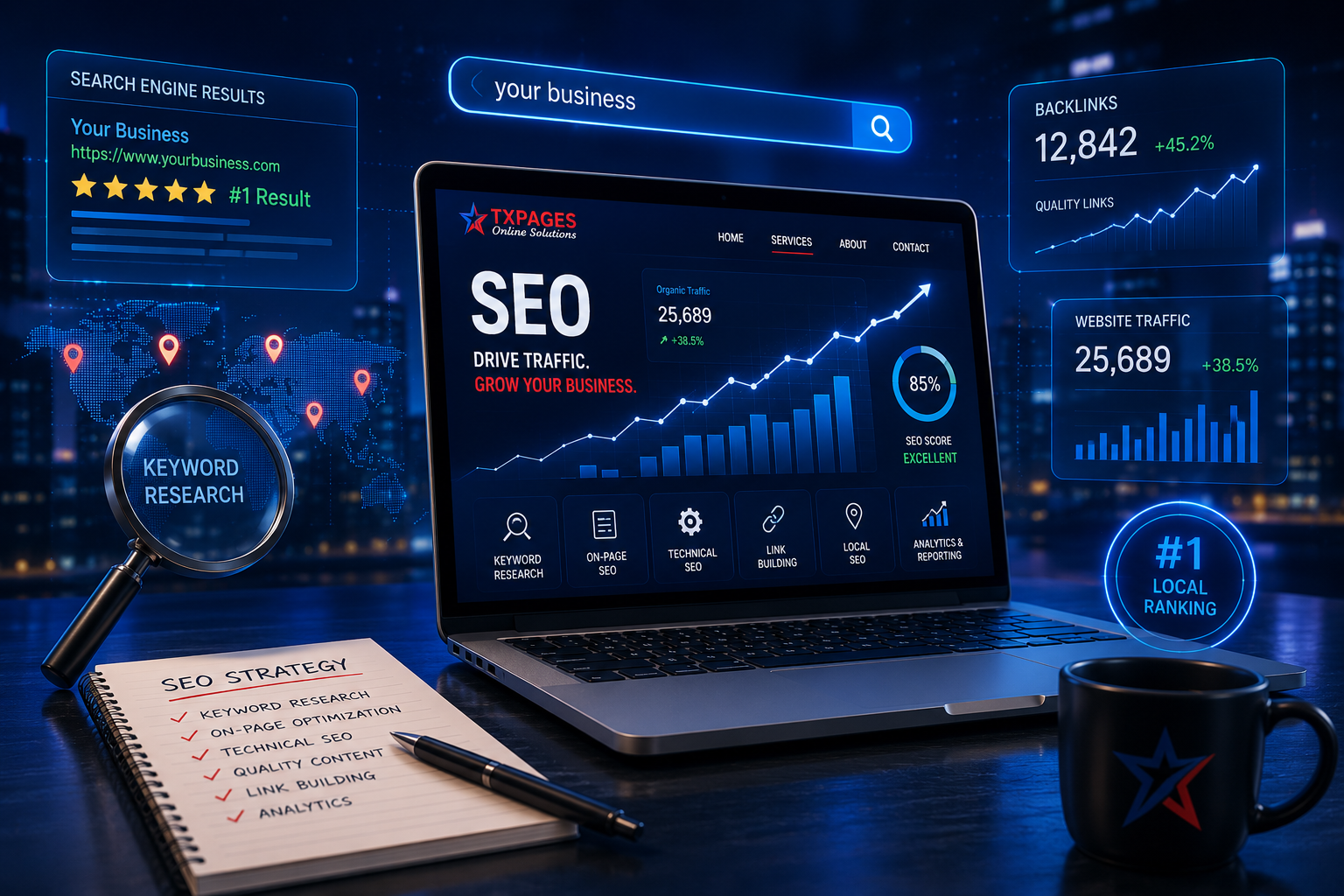 TXPAGES SEO dashboard showing organic traffic growth, keyword research strategy, backlink metrics, and #1 local ranking results for Texas businesses