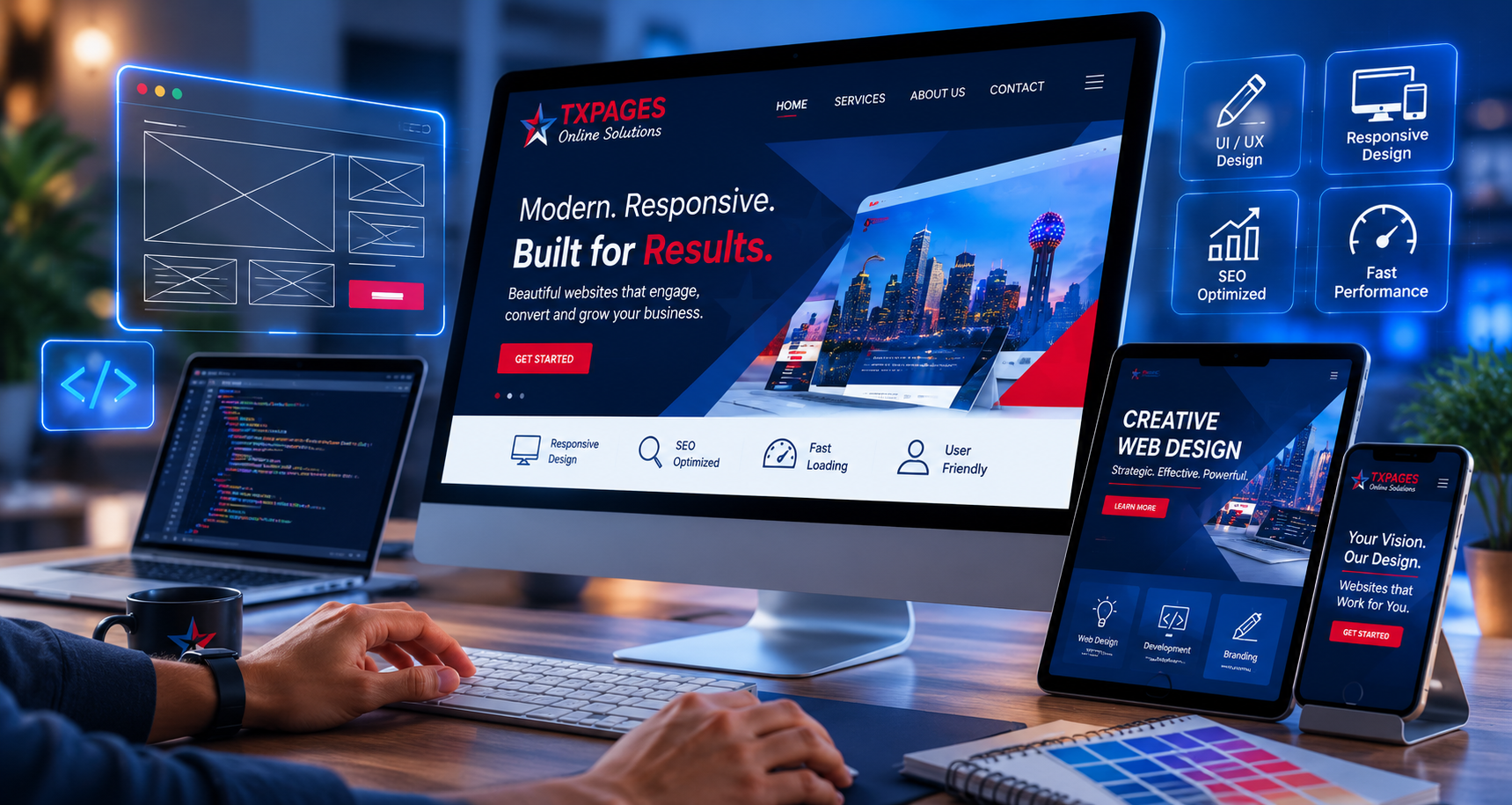 TXPAGES website design and development on iMac, tablet, and mobile — responsive design, SEO optimized, fast performance for Texas businesses